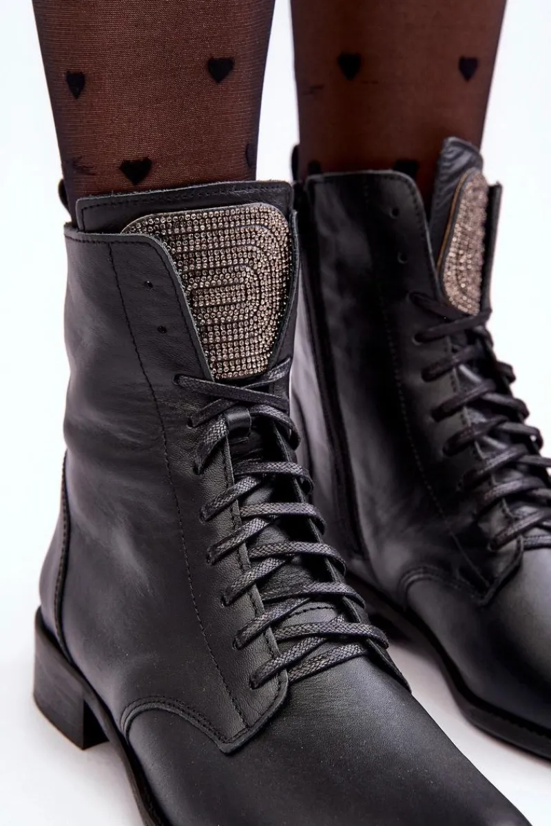 Botki Sznurowane|Botki Płaskie>Boto Skórzane Botki Damskie Czarne Nicole 2848