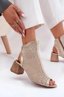 Botki Wiosenne|Botki Maciejka>Maciejka Skórzane Botki Damskie Na Obcasie Z Odkrytą Piętą 06899-25 Złoto-Beżowe