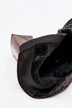 Sale Skórzane Botki Damskie Na Słupku CR52-679 Czarne Damskie Botki Ocieplane|Botki Skórzane