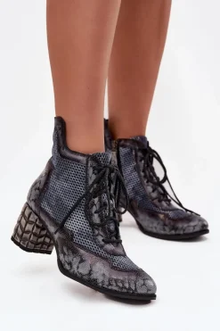 Hot Skórzane Botki Damskie Na Słupku 06989-03 Szare Damskie Botki Maciejka|Botki Skórzane