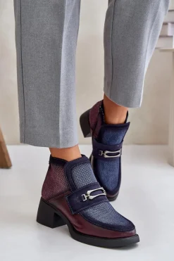 Botki Ocieplane|Botki Maciejka>Maciejka Skórzane Botki Damskie Na Masywnym Obcasie Z Ozdobą A6747-23 Bordowo-Granatowe