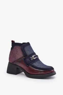 Botki Ocieplane|Botki Maciejka></noscript>Maciejka Skórzane Botki Damskie Na Masywnym Obcasie Z Ozdobą A6747-23 Bordowo-Granatowe