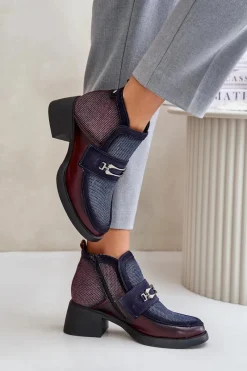 Botki Ocieplane|Botki Maciejka></noscript>Maciejka Skórzane Botki Damskie Na Masywnym Obcasie Z Ozdobą A6747-23 Bordowo-Granatowe