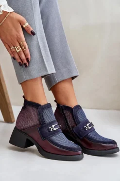 Botki Ocieplane|Botki Maciejka></noscript>Maciejka Skórzane Botki Damskie Na Masywnym Obcasie Z Ozdobą A6747-23 Bordowo-Granatowe