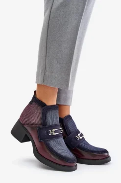 Botki Ocieplane|Botki Maciejka></noscript>Maciejka Skórzane Botki Damskie Na Masywnym Obcasie Z Ozdobą A6747-23 Bordowo-Granatowe