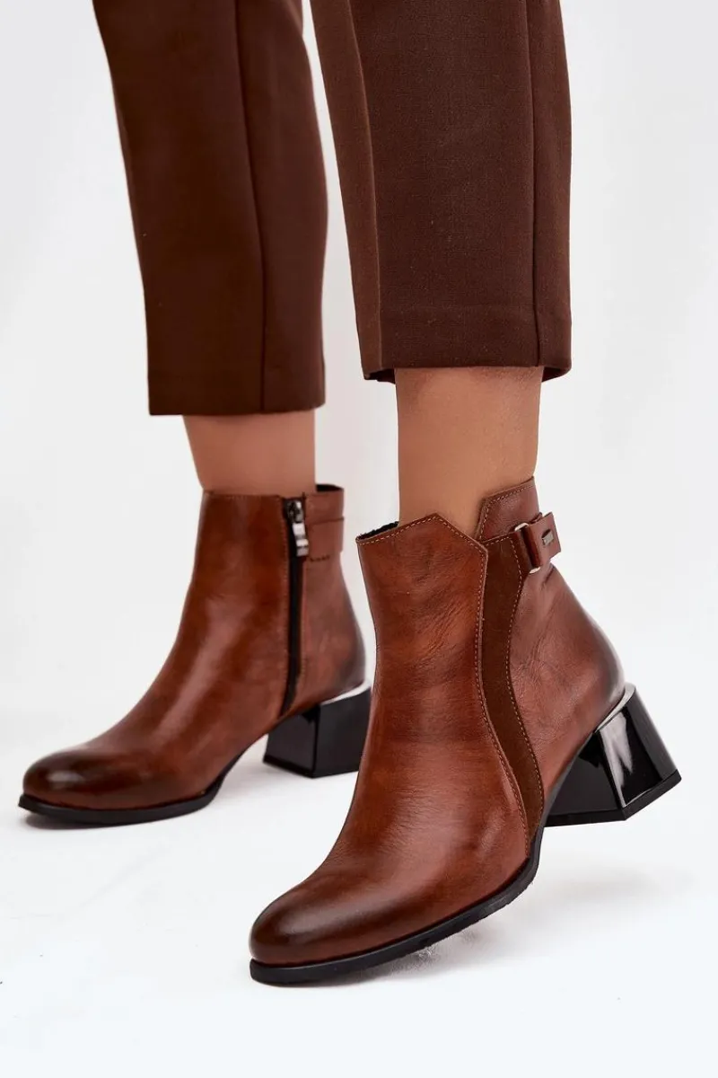 Sale Skórzane Botki Damskie Na Obcasie Ocieplane 60563 Brązowe Damskie Botki Ocieplane|Brązowe I Beżowe Botki