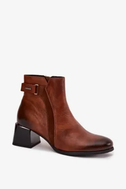 Sale Skórzane Botki Damskie Na Obcasie Ocieplane 60563 Brązowe Damskie Botki Ocieplane|Brązowe I Beżowe Botki