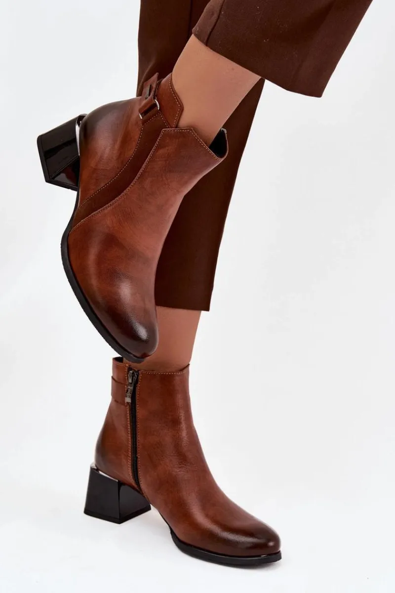 Sale Skórzane Botki Damskie Na Obcasie Ocieplane 60563 Brązowe Damskie Botki Ocieplane|Brązowe I Beżowe Botki