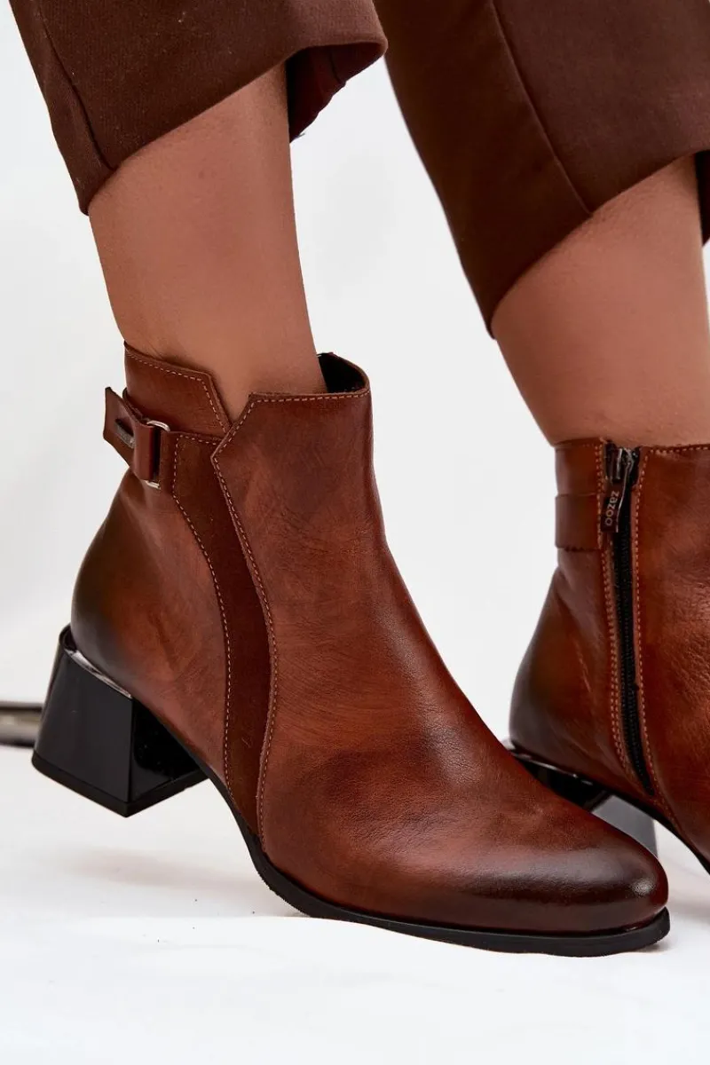 Sale Skórzane Botki Damskie Na Obcasie Ocieplane 60563 Brązowe Damskie Botki Ocieplane|Brązowe I Beżowe Botki