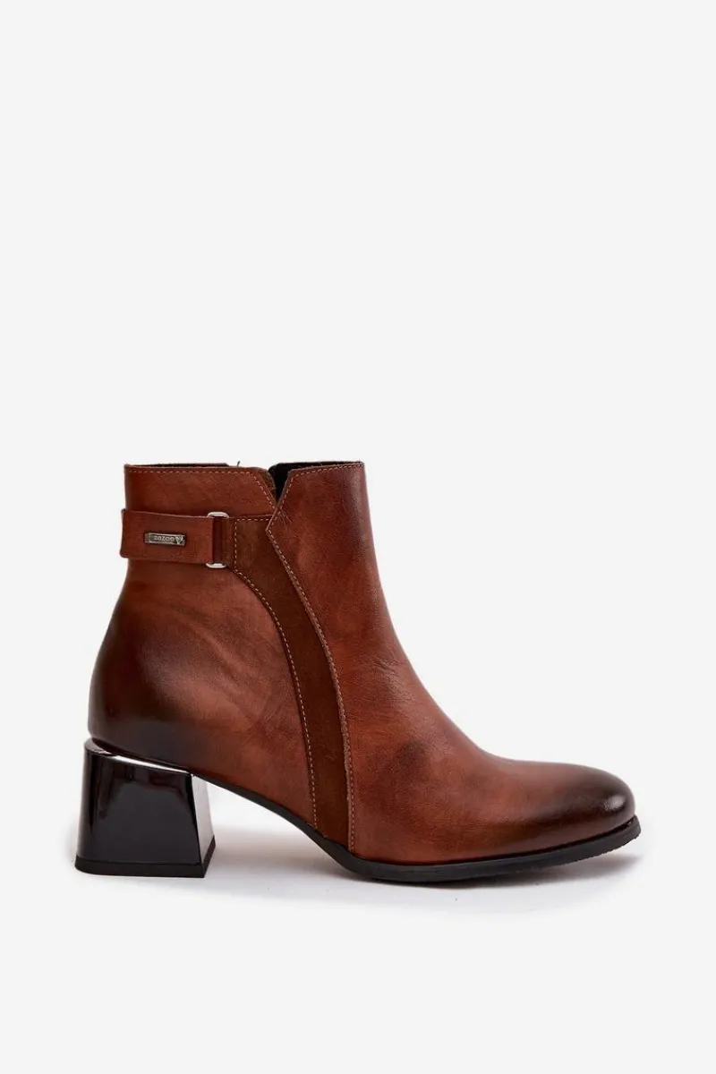 Sale Skórzane Botki Damskie Na Obcasie Ocieplane 60563 Brązowe Damskie Botki Ocieplane|Brązowe I Beżowe Botki