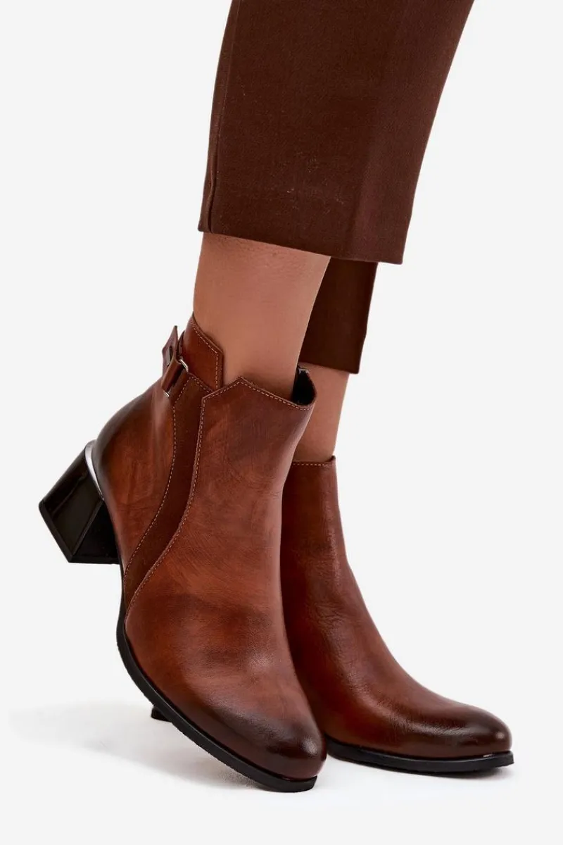 Sale Skórzane Botki Damskie Na Obcasie Ocieplane 60563 Brązowe Damskie Botki Ocieplane|Brązowe I Beżowe Botki