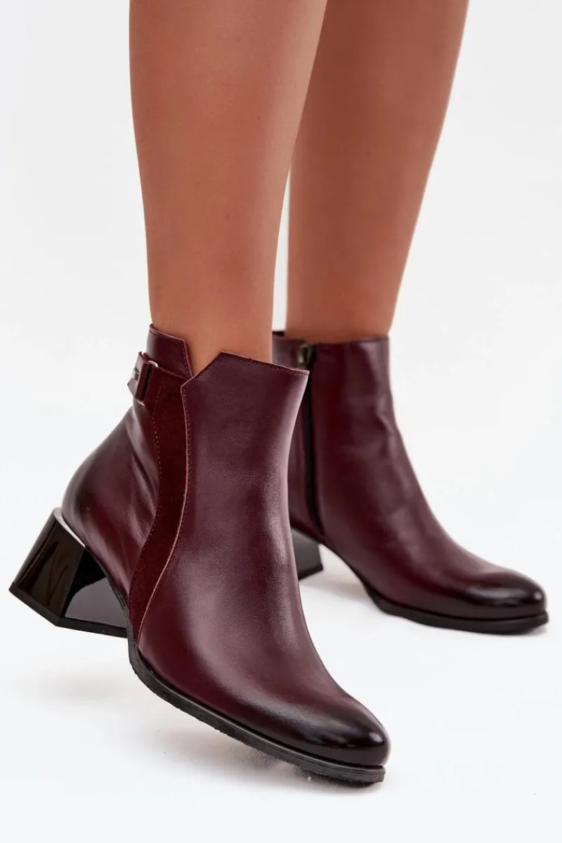 Discount Skórzane Botki Damskie Na Obcasie Ocieplane 60563 Bordowe Damskie Botki Ocieplane|Brązowe I Beżowe Botki