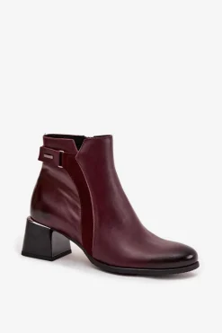 Discount Skórzane Botki Damskie Na Obcasie Ocieplane 60563 Bordowe Damskie Botki Ocieplane|Brązowe I Beżowe Botki