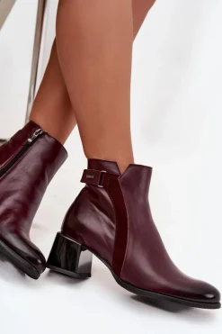 Discount Skórzane Botki Damskie Na Obcasie Ocieplane 60563 Bordowe Damskie Botki Ocieplane|Brązowe I Beżowe Botki