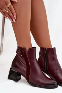 Discount Skórzane Botki Damskie Na Obcasie Ocieplane 60563 Bordowe Damskie Botki Ocieplane|Brązowe I Beżowe Botki