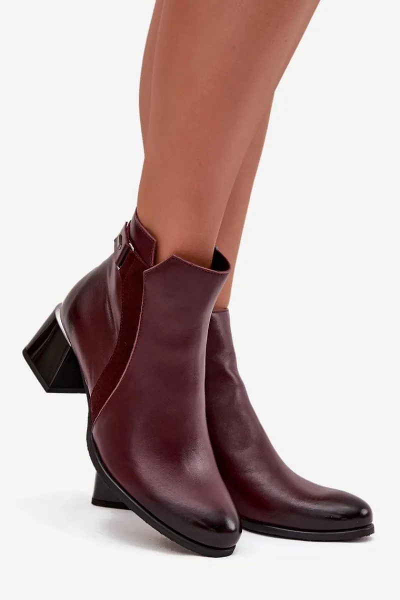 Discount Skórzane Botki Damskie Na Obcasie Ocieplane 60563 Bordowe Damskie Botki Ocieplane|Brązowe I Beżowe Botki