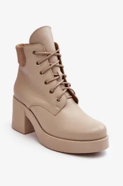 Clearance Skórzane Botki Damskie Na Słupku Beżowe Lemar Leocera Damskie Botki Skórzane|Botki Sznurowane