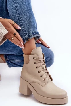 Clearance Skórzane Botki Damskie Na Słupku Beżowe Lemar Leocera Damskie Botki Skórzane|Botki Sznurowane