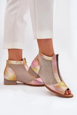 Botki Wiosenne|Botki Maciejka></noscript>Maciejka Skórzane Botki Damskie Na Płaskim Obcasie Z Odkrytymi Palcami 06413-15 Różowo-Pomarańczowe Różowy