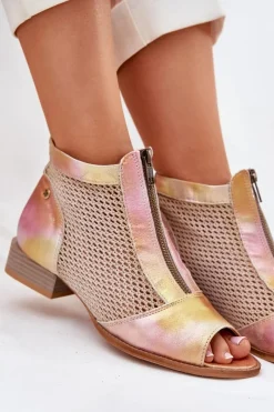 Botki Wiosenne|Botki Maciejka></noscript>Maciejka Skórzane Botki Damskie Na Płaskim Obcasie Z Odkrytymi Palcami 06413-15 Różowo-Pomarańczowe Różowy