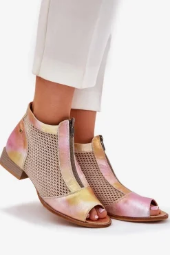 Botki Wiosenne|Botki Maciejka></noscript>Maciejka Skórzane Botki Damskie Na Płaskim Obcasie Z Odkrytymi Palcami 06413-15 Różowo-Pomarańczowe Różowy