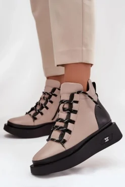 Artiker Skórzane Botki Damskie Na Platformie Ocieplane 55C0884 Beżowe