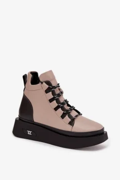 Artiker Skórzane Botki Damskie Na Platformie Ocieplane 55C0884 Beżowe