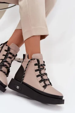 Artiker Skórzane Botki Damskie Na Platformie Ocieplane 55C0884 Beżowe