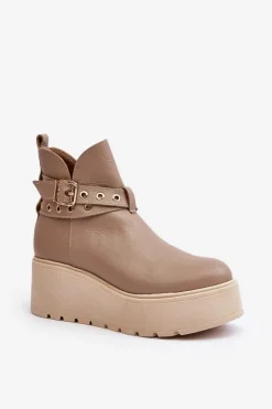 Skórzane Botki Damskie Na Koturnie Platformie Z Paskami 1752 Beżowe Damskie Botki Skórzane|Botki Na Koturnie
