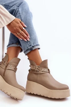 Skórzane Botki Damskie Na Koturnie Platformie Z Paskami 1752 Beżowe Damskie Botki Skórzane|Botki Na Koturnie