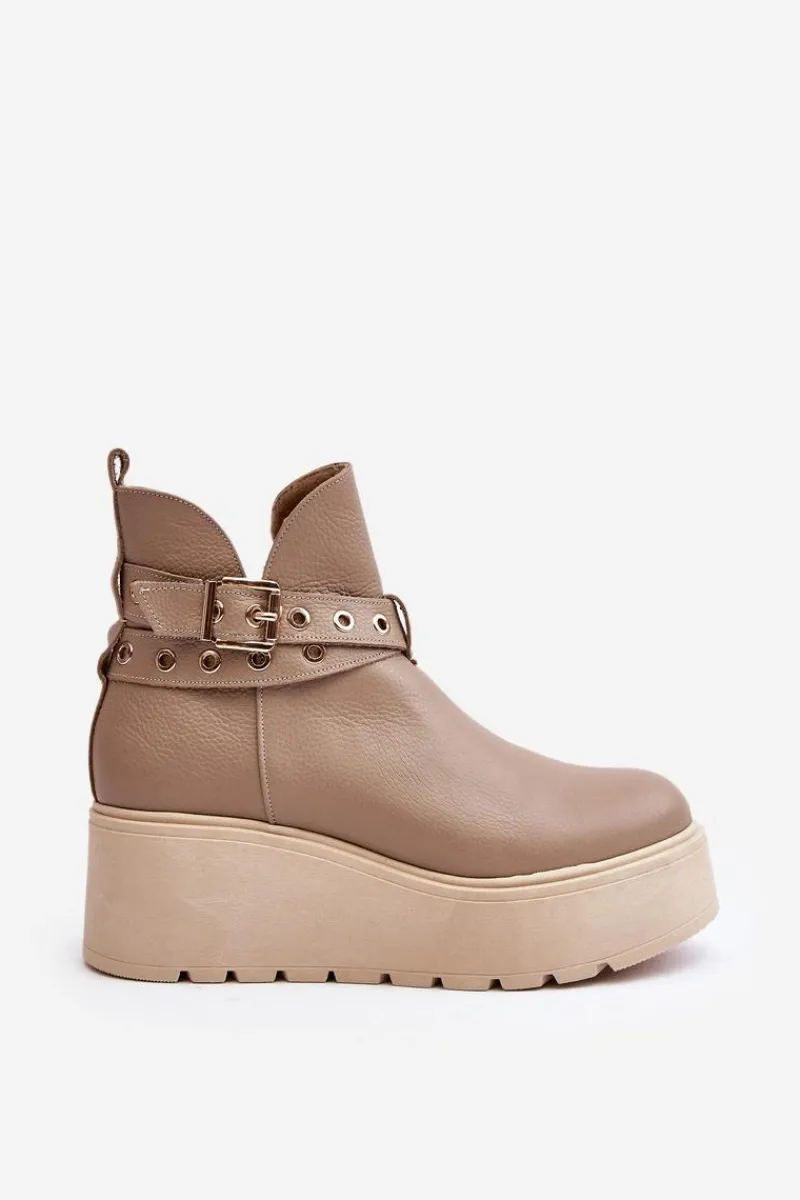 Skórzane Botki Damskie Na Koturnie Platformie Z Paskami 1752 Beżowe Damskie Botki Skórzane|Botki Na Koturnie