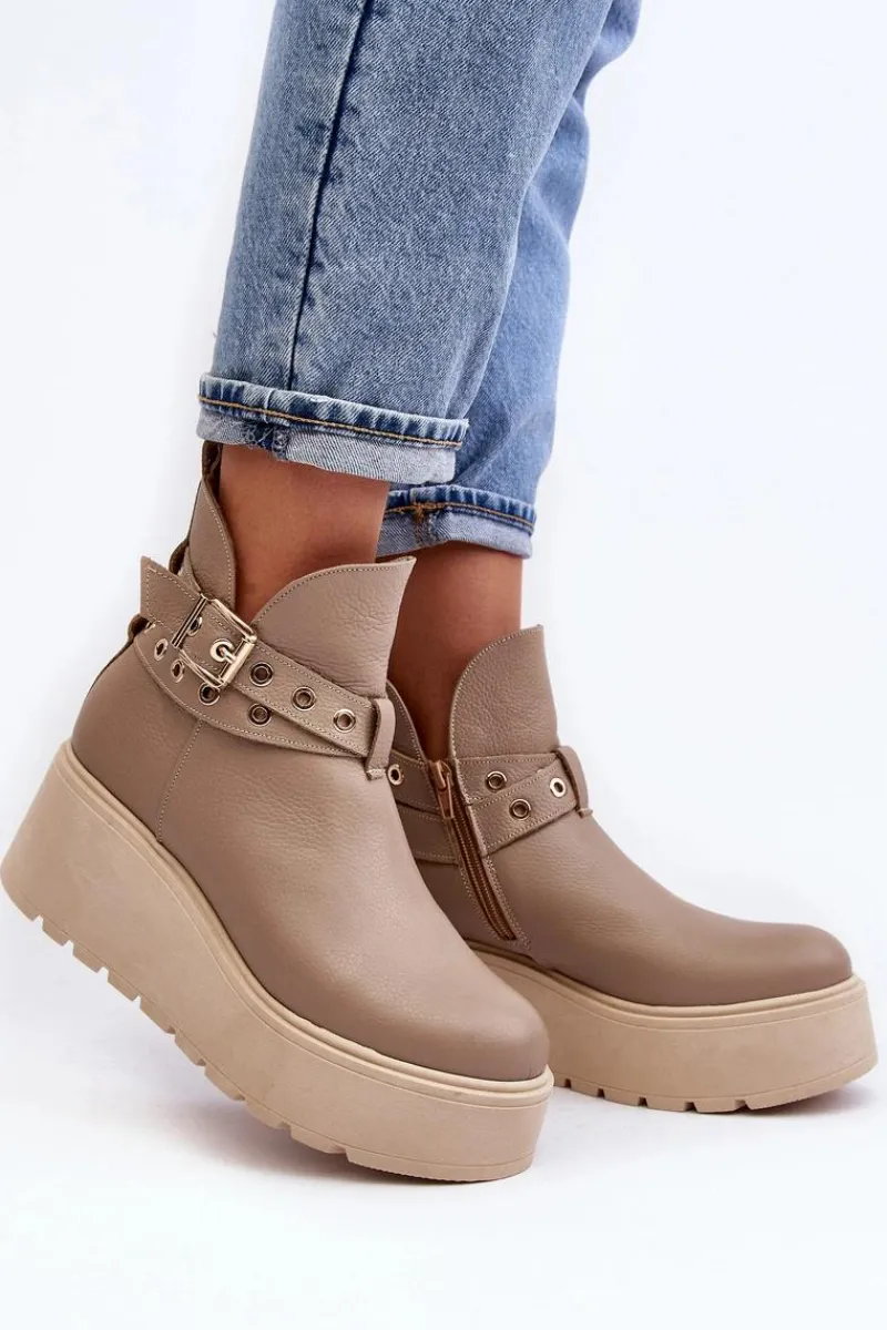 Skórzane Botki Damskie Na Koturnie Platformie Z Paskami 1752 Beżowe Damskie Botki Skórzane|Botki Na Koturnie