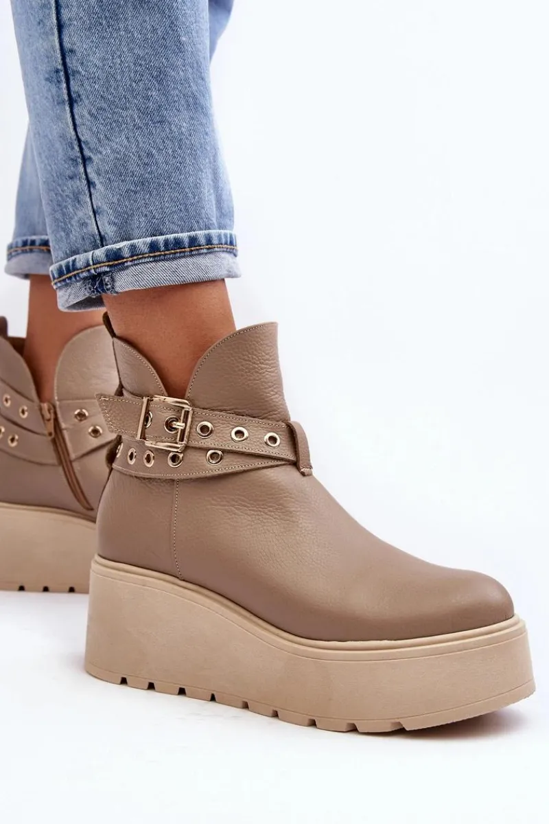 Skórzane Botki Damskie Na Koturnie Platformie Z Paskami 1752 Beżowe Damskie Botki Skórzane|Botki Na Koturnie