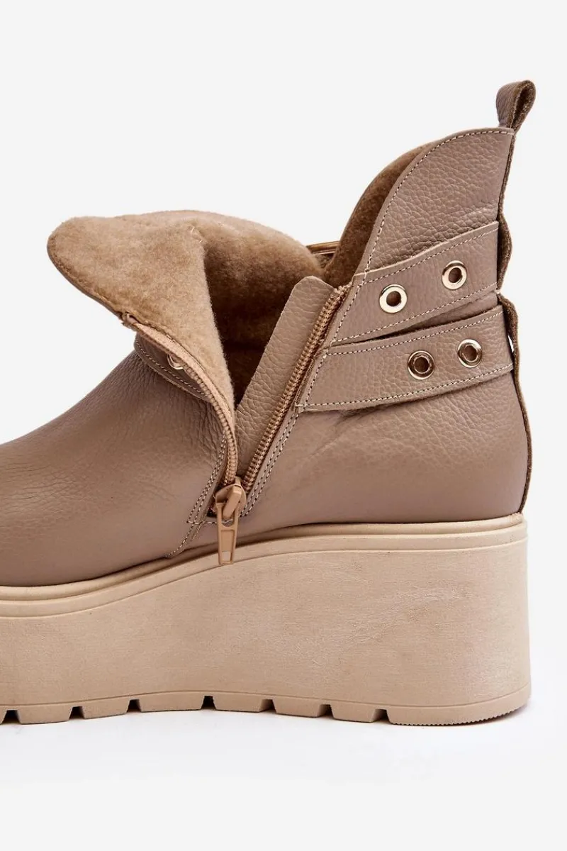 Skórzane Botki Damskie Na Koturnie Platformie Z Paskami 1752 Beżowe Damskie Botki Skórzane|Botki Na Koturnie