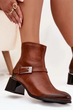 Hot Zazoo Skórzane Botki Damskie Na Obcasie Z Klamrą 60562 Brązowe