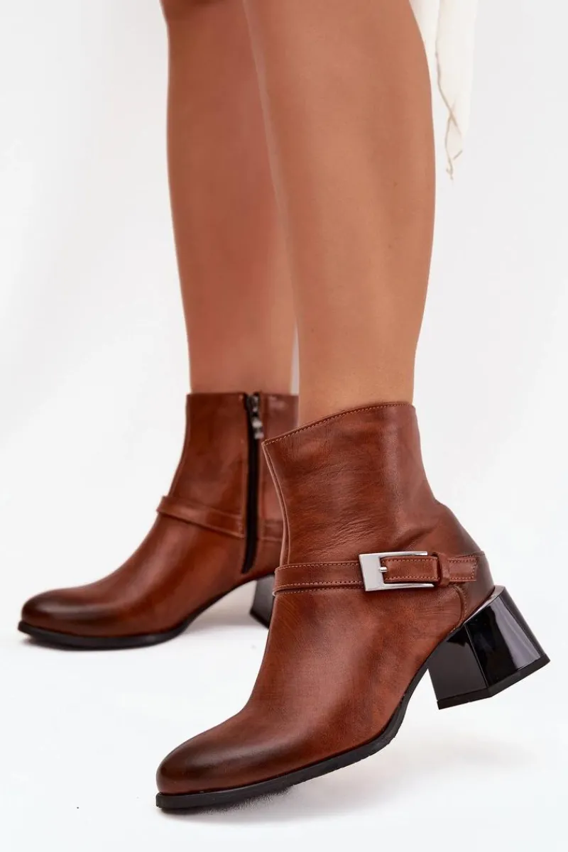 Hot Zazoo Skórzane Botki Damskie Na Obcasie Z Klamrą 60562 Brązowe