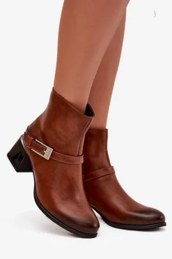 Hot Zazoo Skórzane Botki Damskie Na Obcasie Z Klamrą 60562 Brązowe