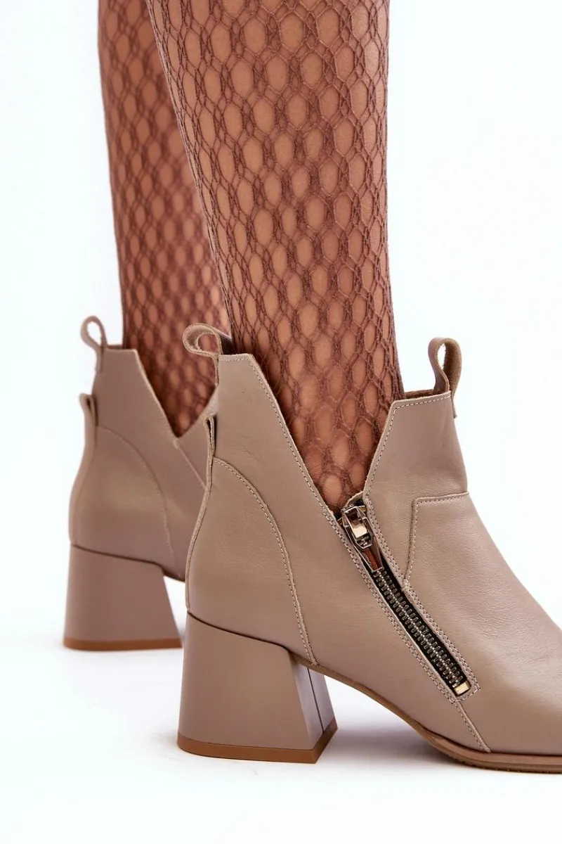 Discount Zazoo Skórzane Botki Damskie Na Niskim Obcasie Z Wycięciami 850 Beżowe
