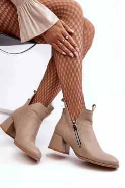Discount Zazoo Skórzane Botki Damskie Na Niskim Obcasie Z Wycięciami 850 Beżowe