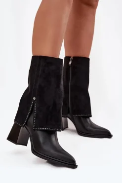 Online Skórzane Botki Damskie Na Słupku Z Wywiniętą Cholewką Ocieplane K7206-01 Czarne Damskie Botki Maciejka|Botki Skórzane