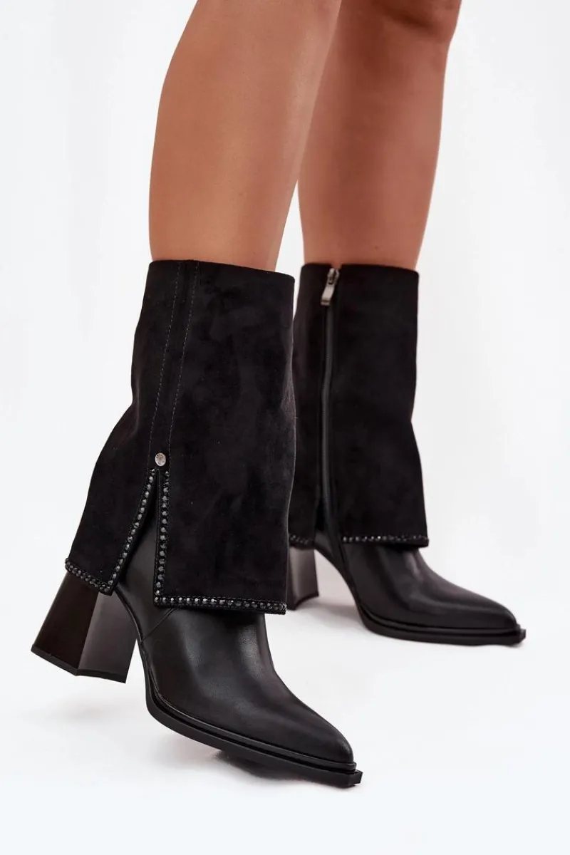 Online Skórzane Botki Damskie Na Słupku Z Wywiniętą Cholewką Ocieplane K7206-01 Czarne Damskie Botki Maciejka|Botki Skórzane