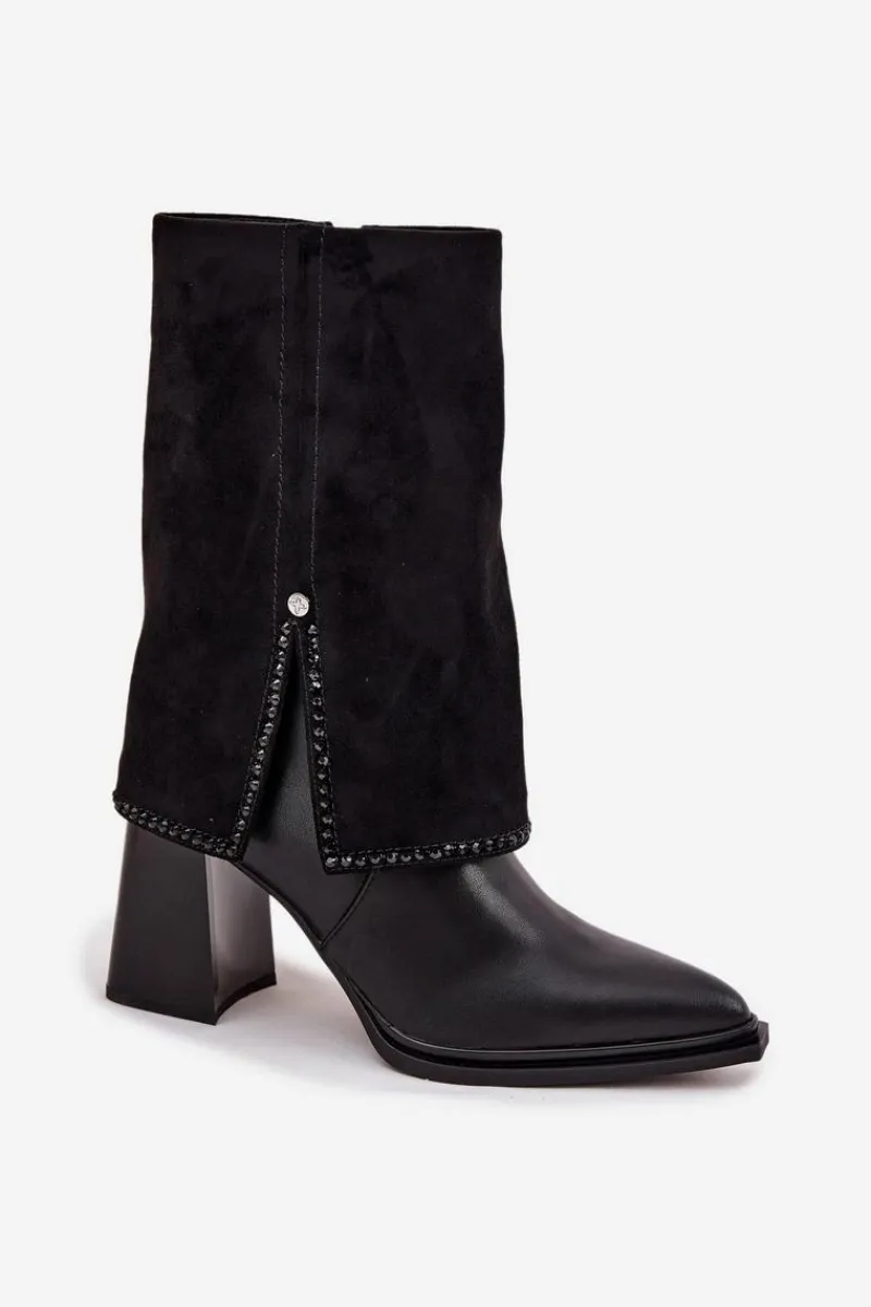 Online Skórzane Botki Damskie Na Słupku Z Wywiniętą Cholewką Ocieplane K7206-01 Czarne Damskie Botki Maciejka|Botki Skórzane