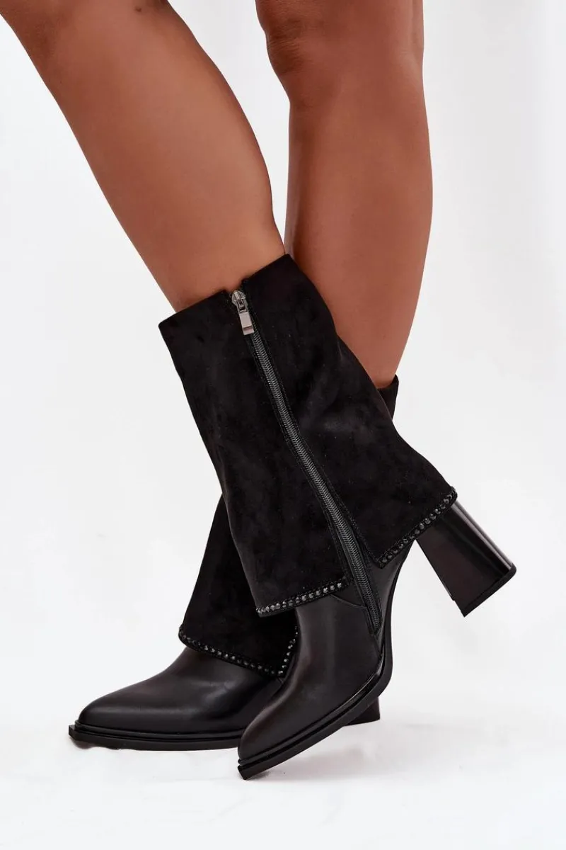 Online Skórzane Botki Damskie Na Słupku Z Wywiniętą Cholewką Ocieplane K7206-01 Czarne Damskie Botki Maciejka|Botki Skórzane
