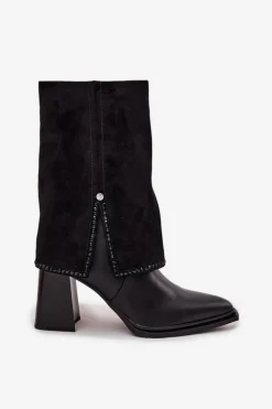 Online Skórzane Botki Damskie Na Słupku Z Wywiniętą Cholewką Ocieplane K7206-01 Czarne Damskie Botki Maciejka|Botki Skórzane