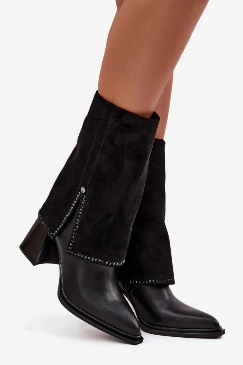 Online Skórzane Botki Damskie Na Słupku Z Wywiniętą Cholewką Ocieplane K7206-01 Czarne Damskie Botki Maciejka|Botki Skórzane
