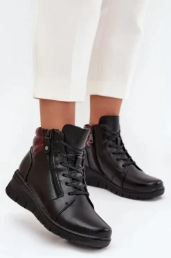 Buty damskie Vinceza Skórzane Botki Damskie Na Koturnie Ocieplane Vinceza 39963 Czarne Czarny