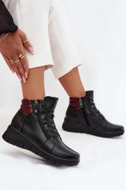 Buty damskie Vinceza Skórzane Botki Damskie Na Koturnie Ocieplane Vinceza 39963 Czarne Czarny