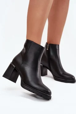 Discount Skórzane Botki Damskie Na Słupku Czarne Julissa Damskie Botki Ocieplane|Botki Na Słupku