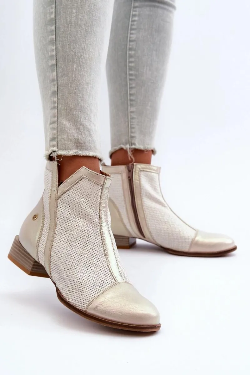 Outlet Skórzane Botki Damskie Na Niskim Obcasie 06397-22 Jasnobeżowe Damskie Botki Wiosenne|Botki Maciejka