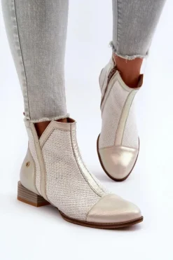 Outlet Skórzane Botki Damskie Na Niskim Obcasie 06397-22 Jasnobeżowe Damskie Botki Wiosenne|Botki Maciejka